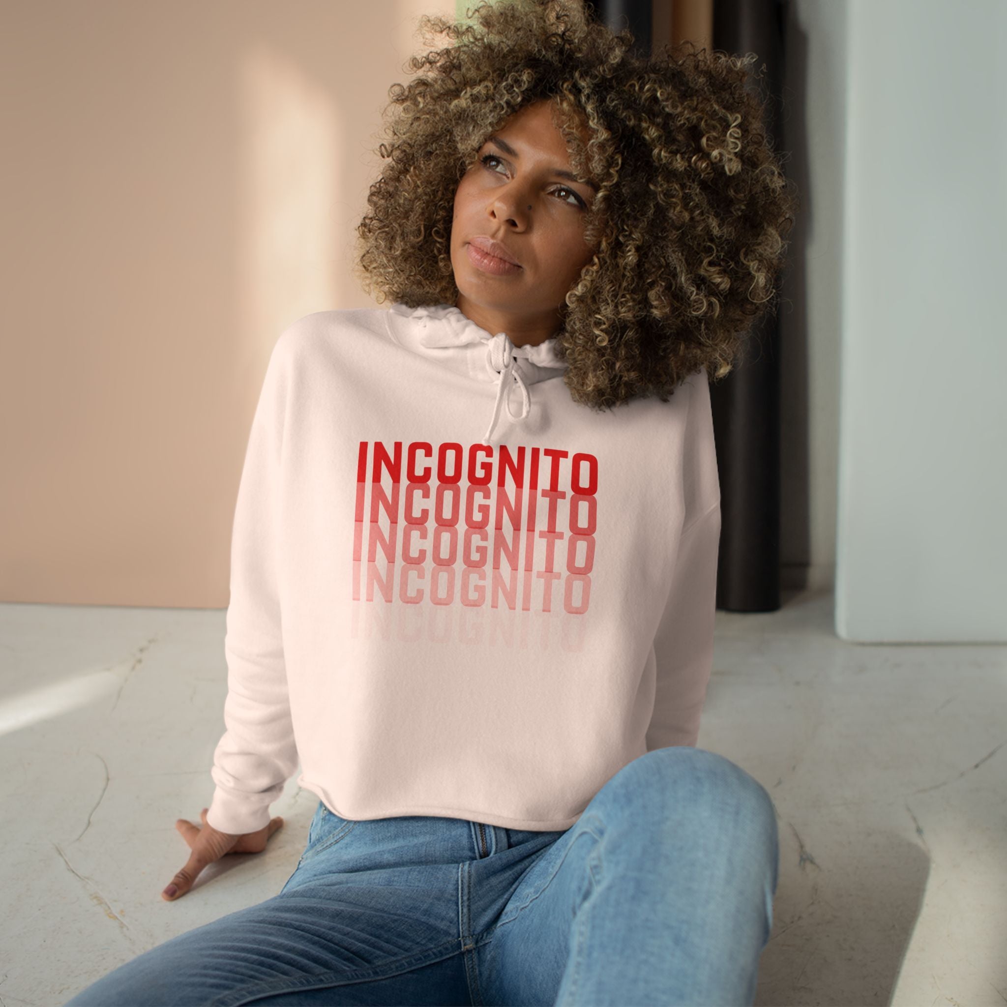 White minimalist crop active hoodie with hood and red stacked INCOGNITO logo