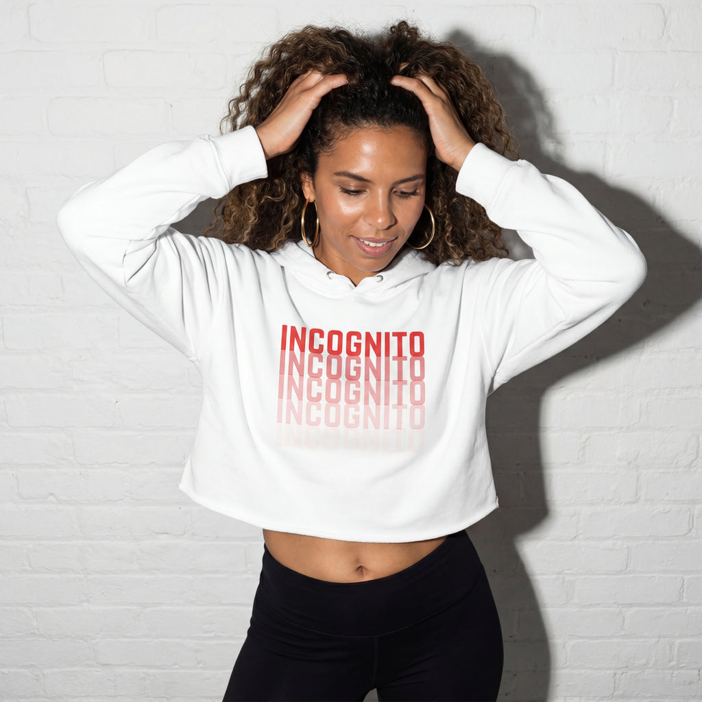 White cropped active hoodie with hood and drawstrings, front “INCognito” text print
