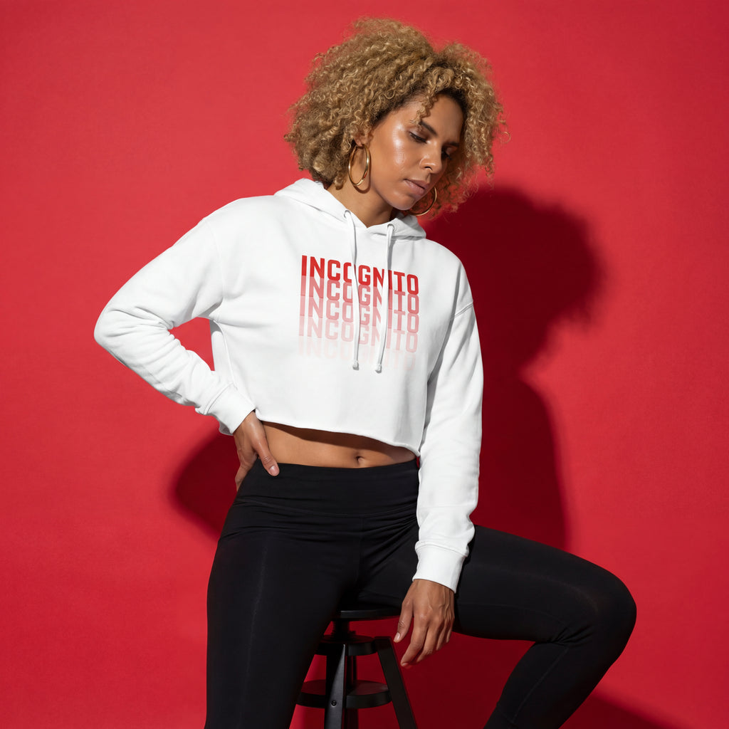 White cropped active hoodie with hood and drawstrings, front “INCognito” graphic