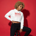 White crop hoodie with Incognito logo print, drawstring hood, long sleeves