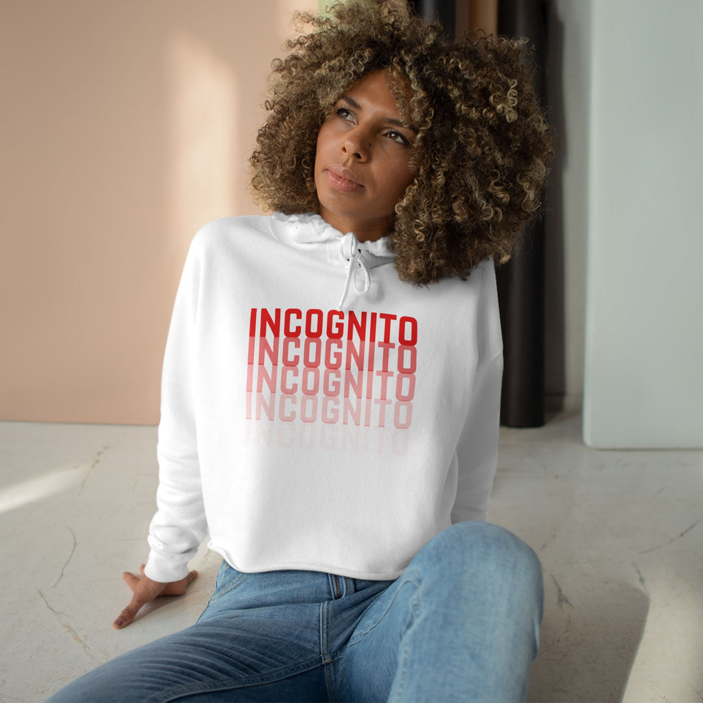 White minimalist crop active hoodie with hood and red stacked INCOGNITO logo