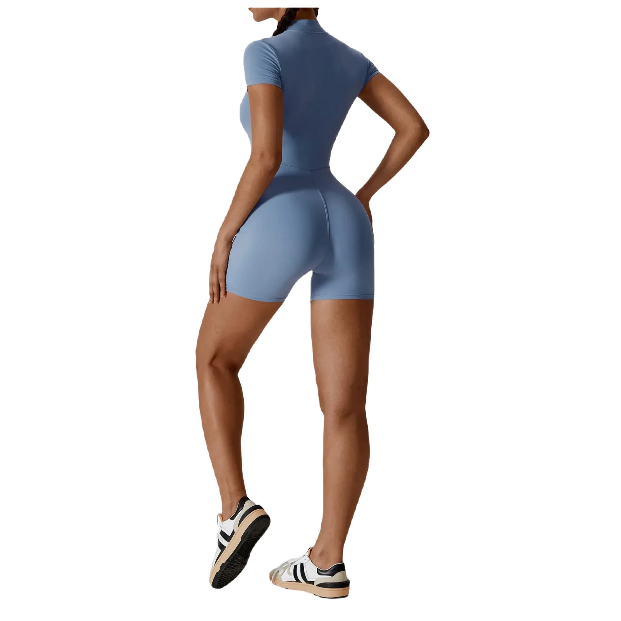 Xooie Fit Short Sleeve Blue One-Piece Workout Outfit for Comfortable Fitness Activities