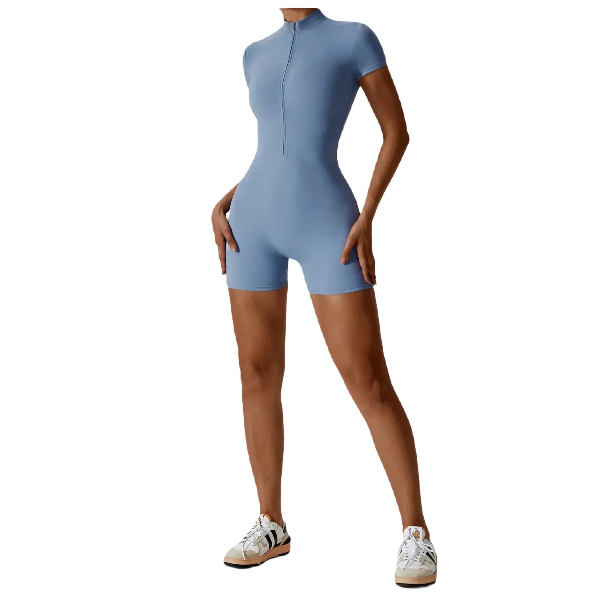 Xooie Fit Blue One-Piece Workout Outfit with Short Sleeves and Zipper Design for Activewear