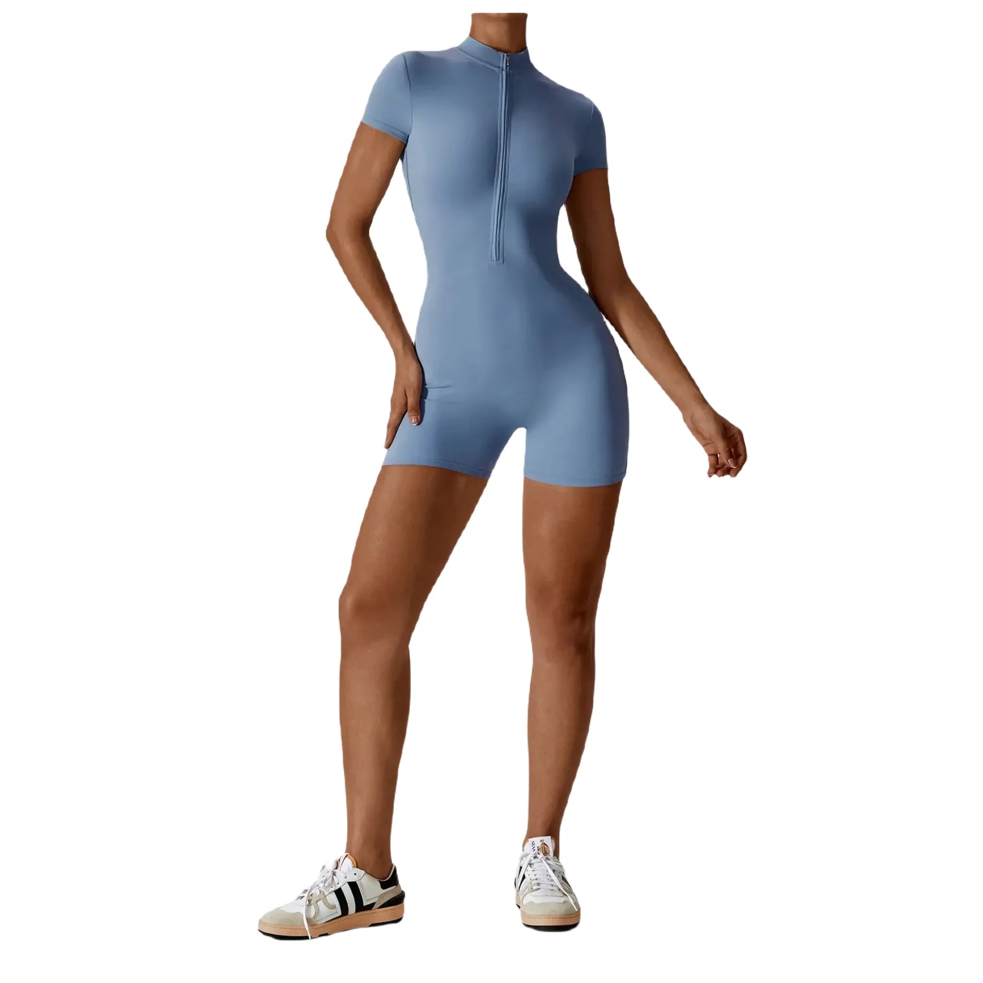 Xooie Fit Blue One-Piece Workout Outfit with Short Sleeves and Zipper Design