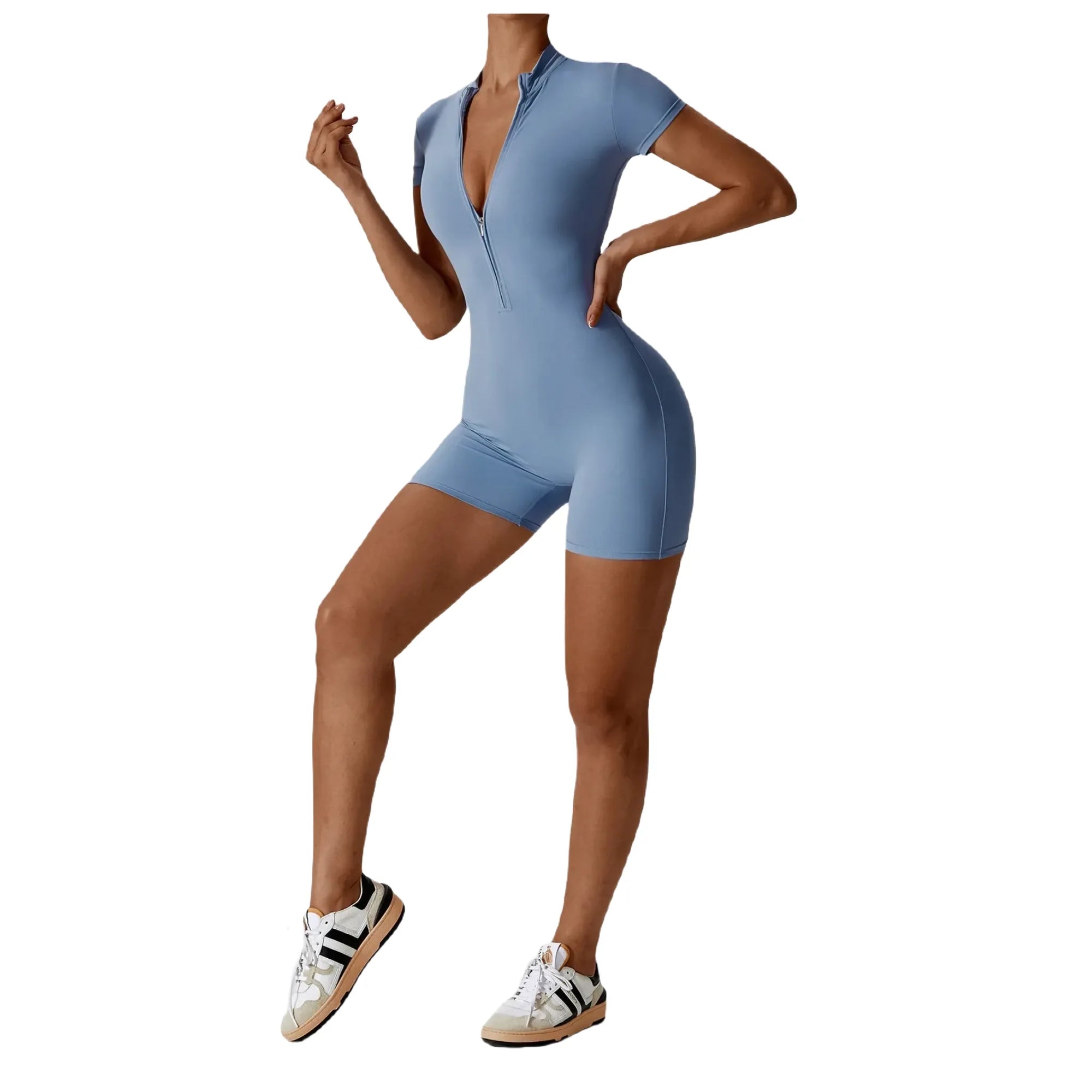 Xooie Fit Blue One-Piece Workout Outfit with Short Sleeves and Zip Closure for Comfort and Style