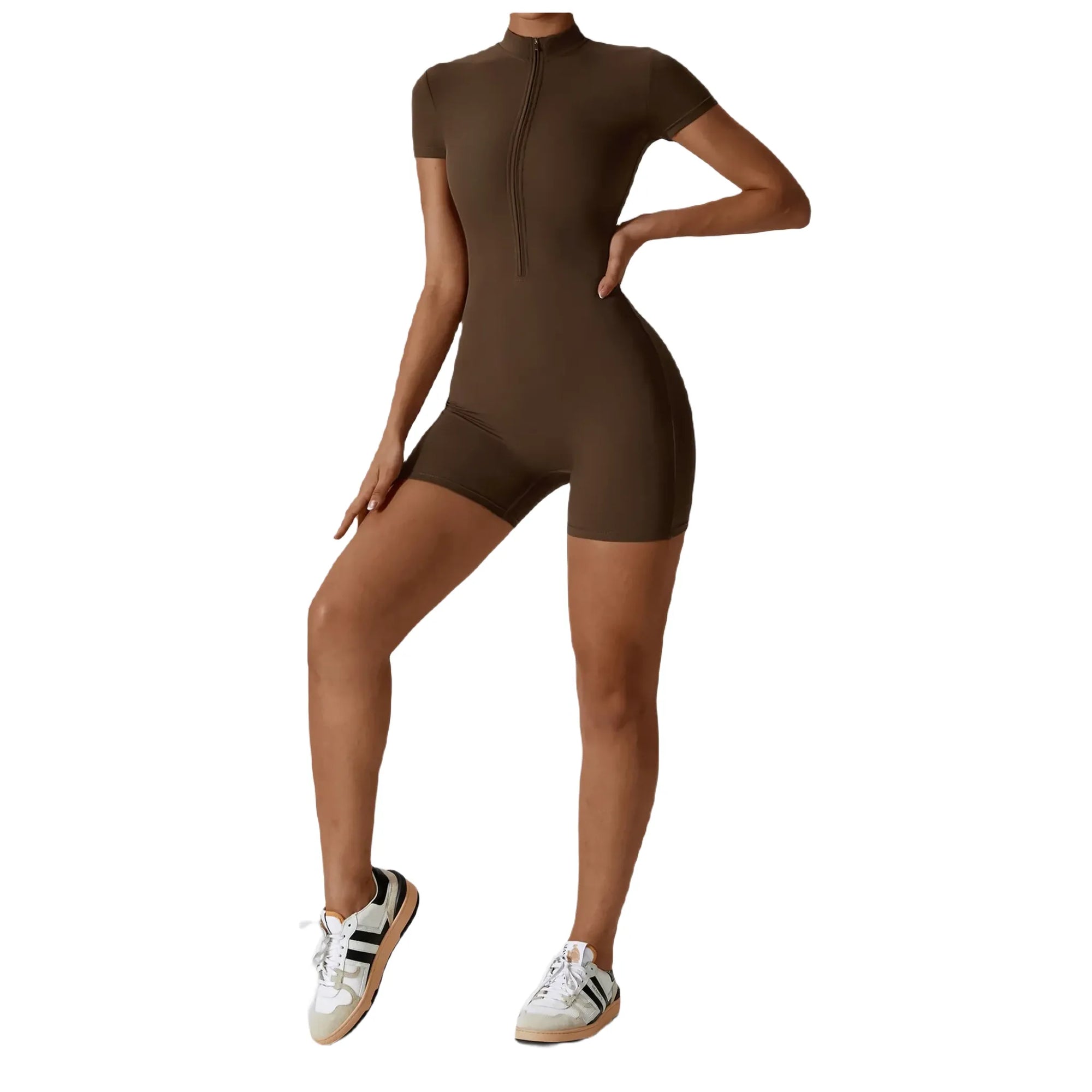 Xooie Fit Brown One-Piece Workout Outfit with Short Sleeves and Front Zip Closure Full body