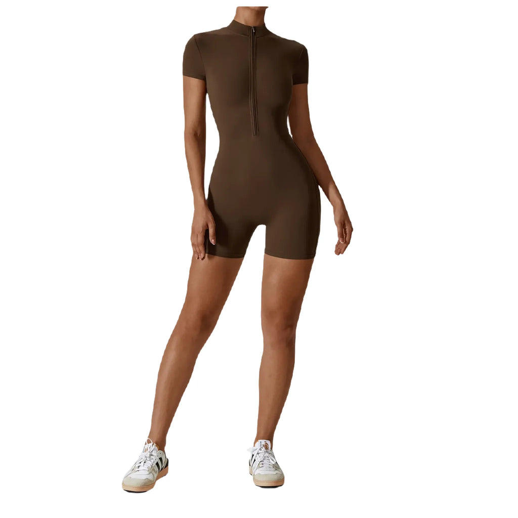 Xooie Fit One-Piece Workout Outfit in Olive Green with Short Sleeves and Zipper Closure