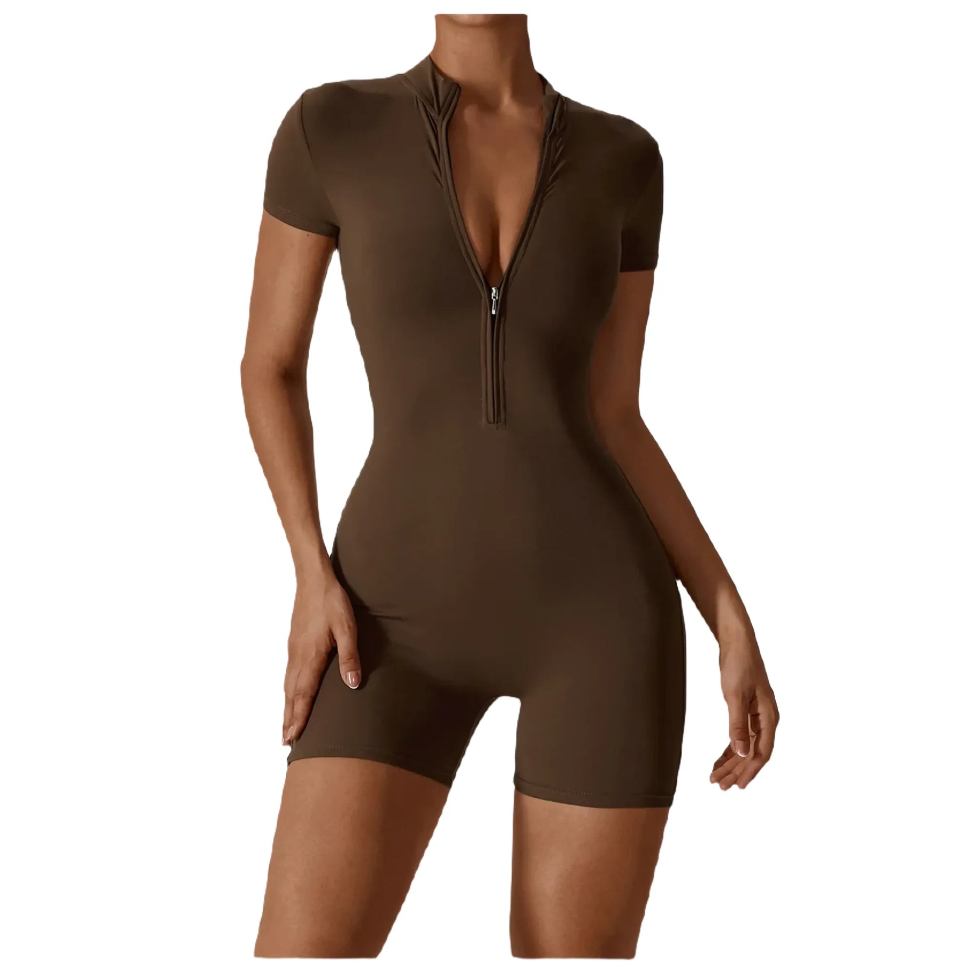 Xooie Fit One-Piece Workout Outfit in Olive Green with Short Sleeves and Front Zip Closure