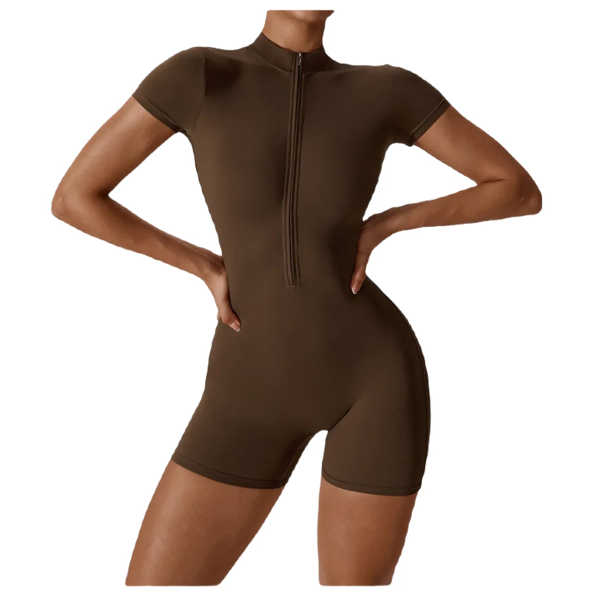 Xooie Fit Brown One-Piece Workout Outfit with Short Sleeves and Front Zip Closure