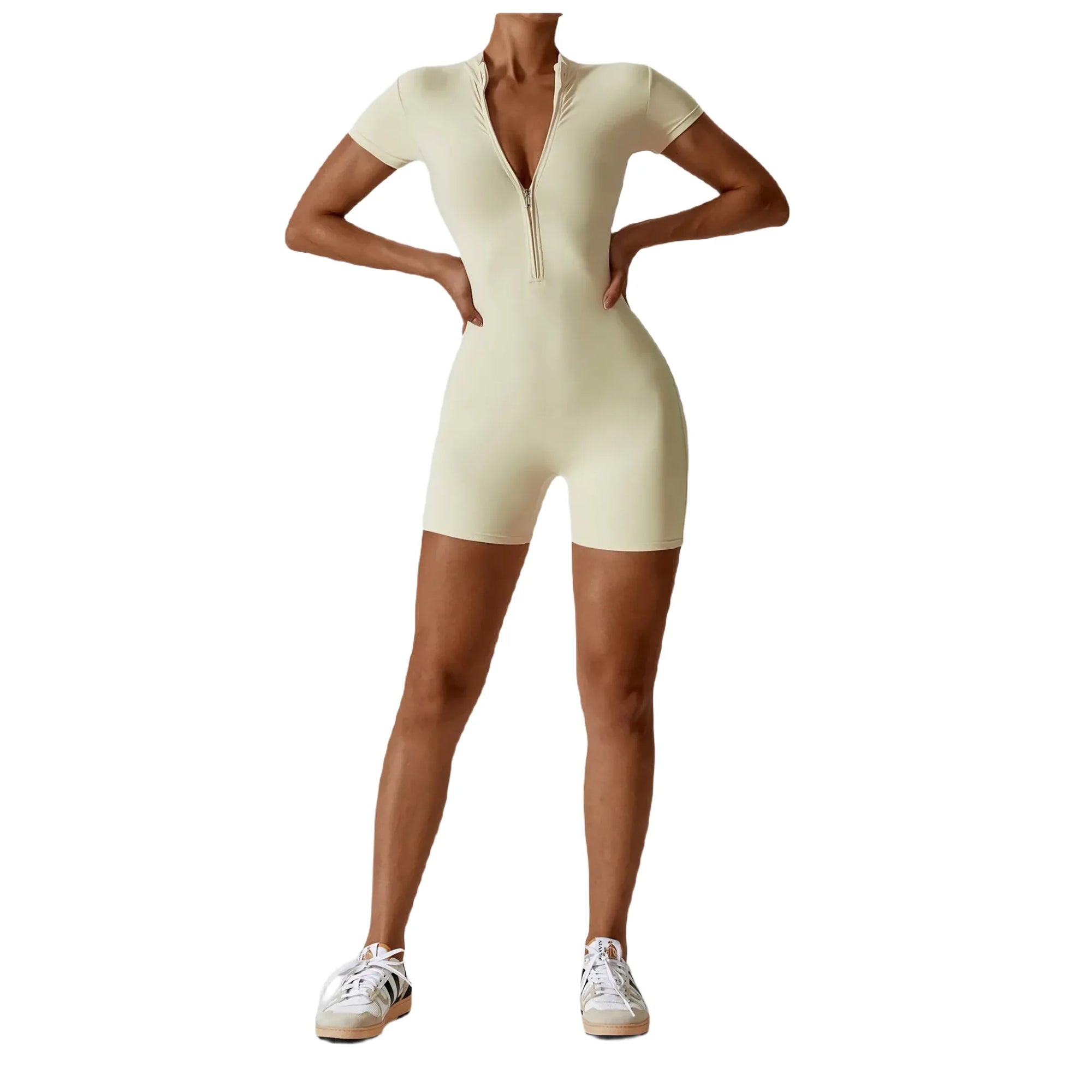 Xooie Fit Cream One-Piece Workout Outfit with Short Sleeves and Front Zip Closure Front