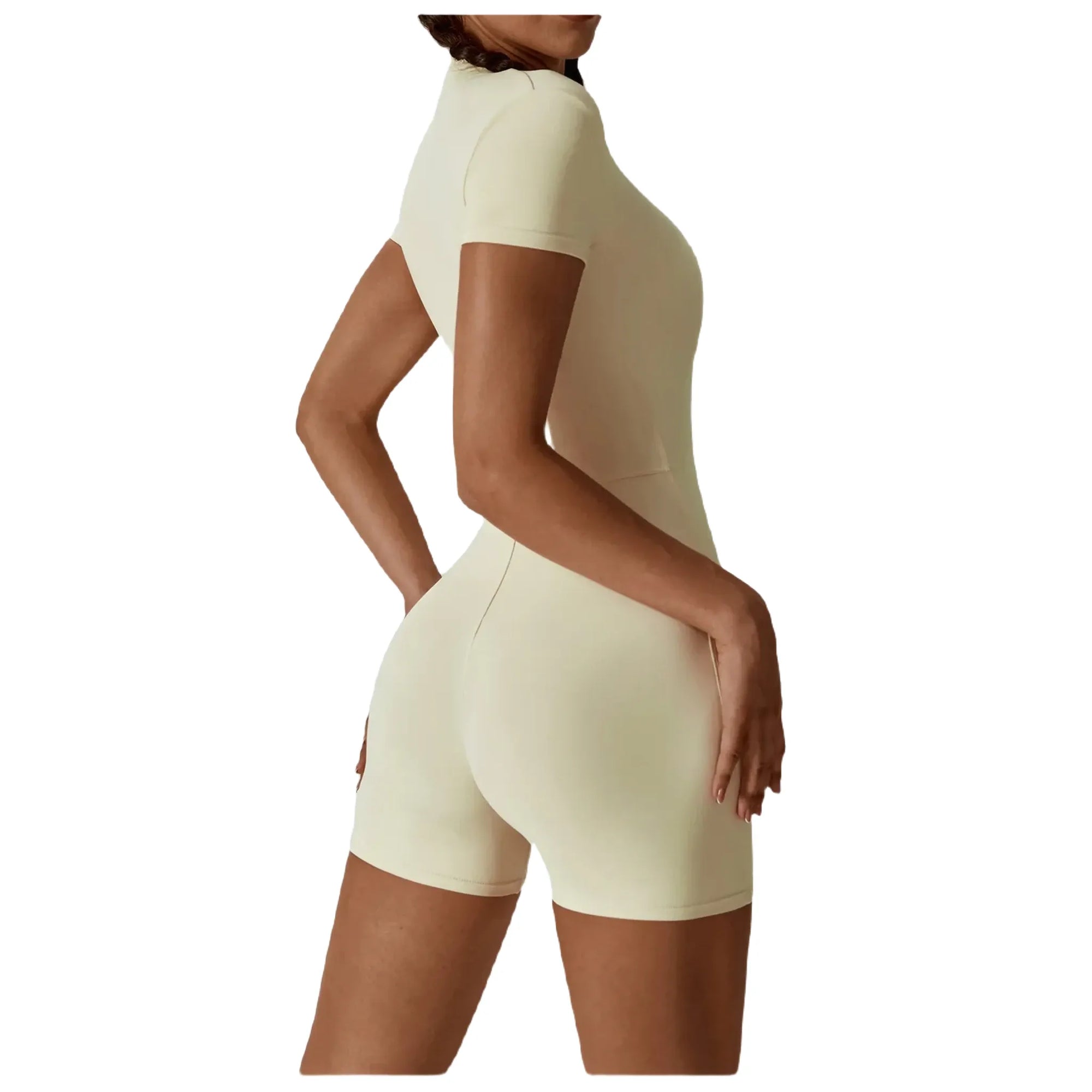 Xooie Fit Cream One-Piece Workout Outfit with Short Sleeves and Front Zip Closure Back