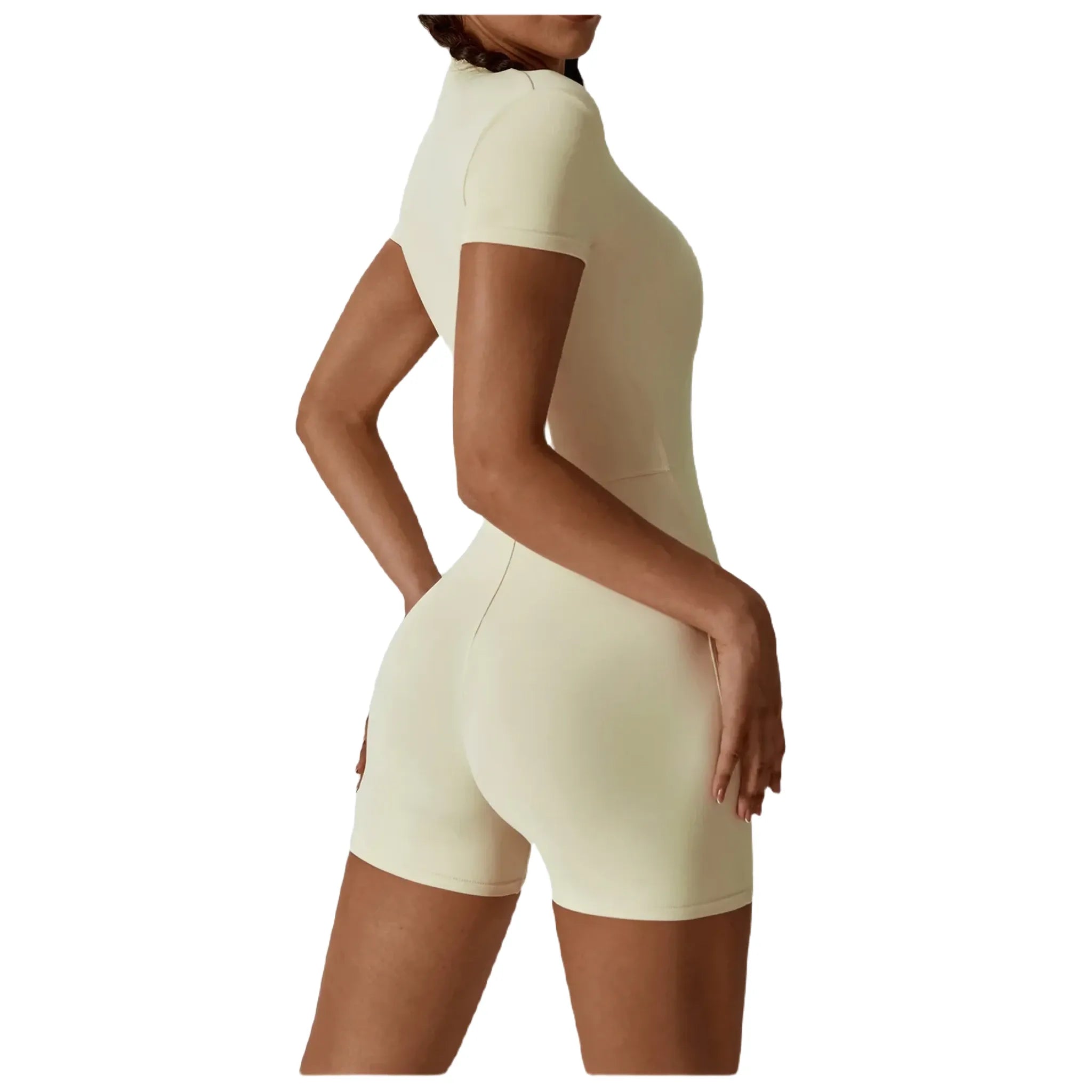 Xooie Fit Cream One-Piece Workout Outfit with Short Sleeves and Front Zip Closure Back