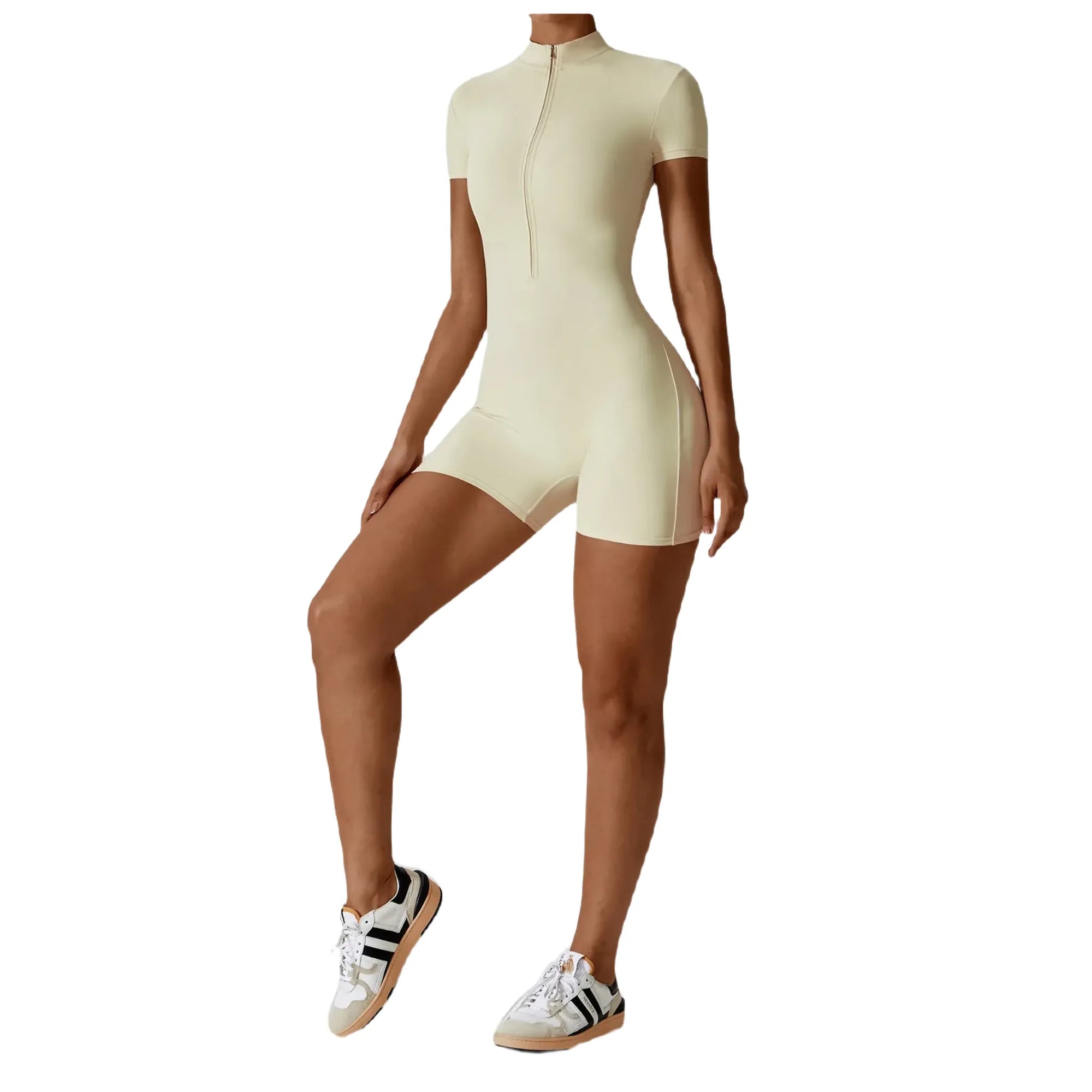 Xooie Fit Cream One-Piece Workout Outfit with Short Sleeves and Front Zip Closure Front Side