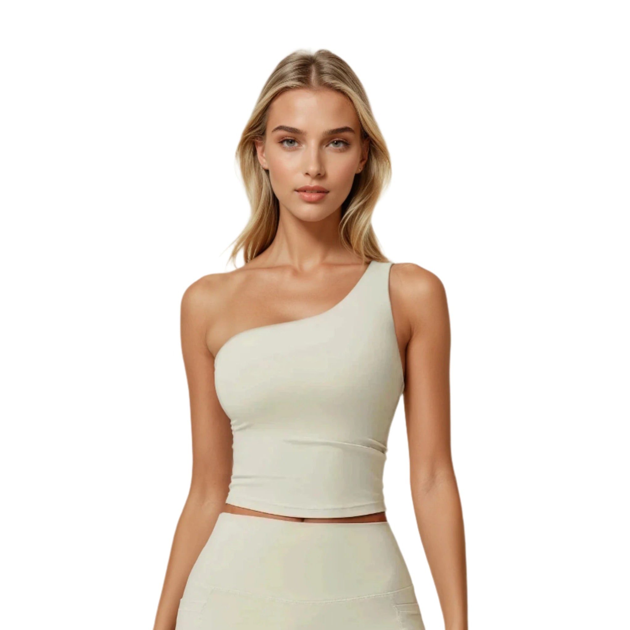 Xooie Fit One Shoulder Workout Top in Beige for Stylish Gym and Fitness Sessions