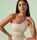 Light ivory single-shoulder tank top with ruched side waist seam