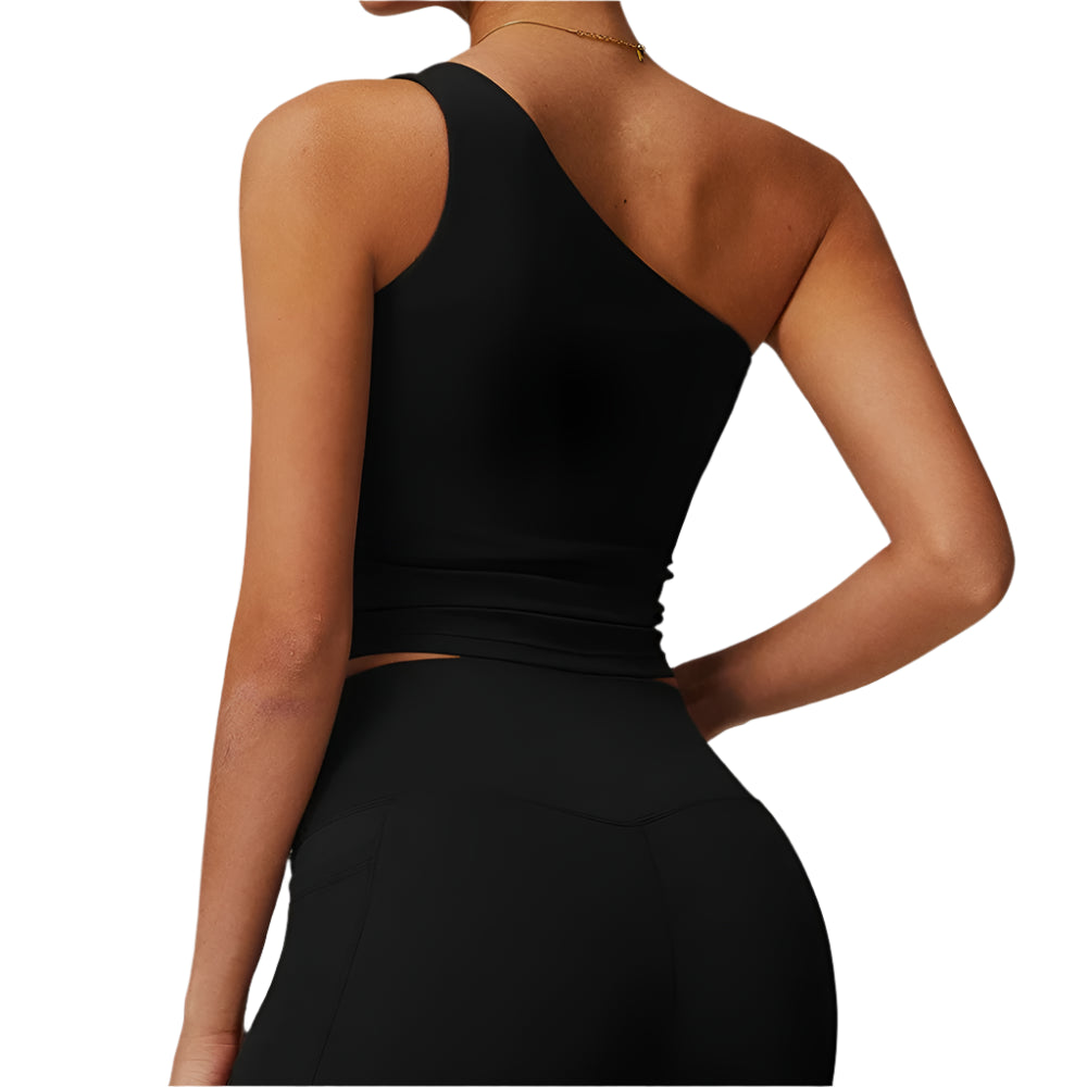 Xooie Fit one shoulder workout top in black, designed for stylish and comfortable fitness activities