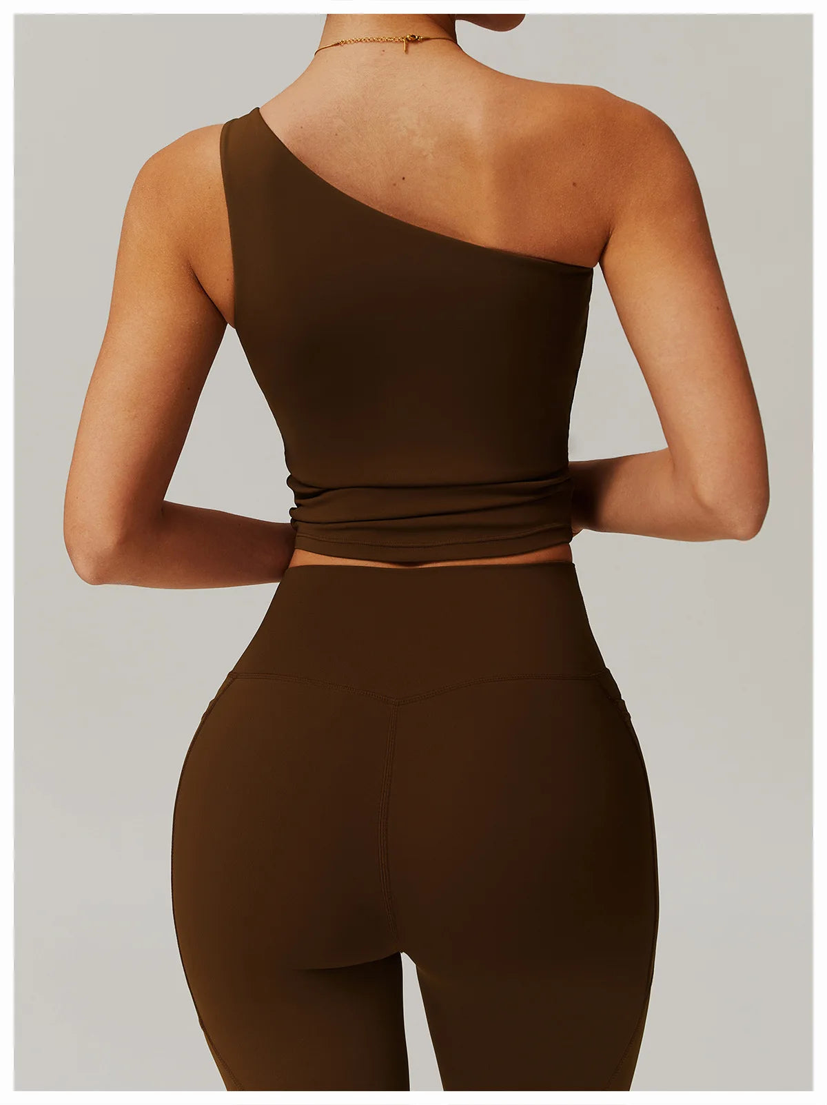 Xooie Fit One Shoulder Workout Top in Brown, perfect for stylish gym sessions and comfortable movement.