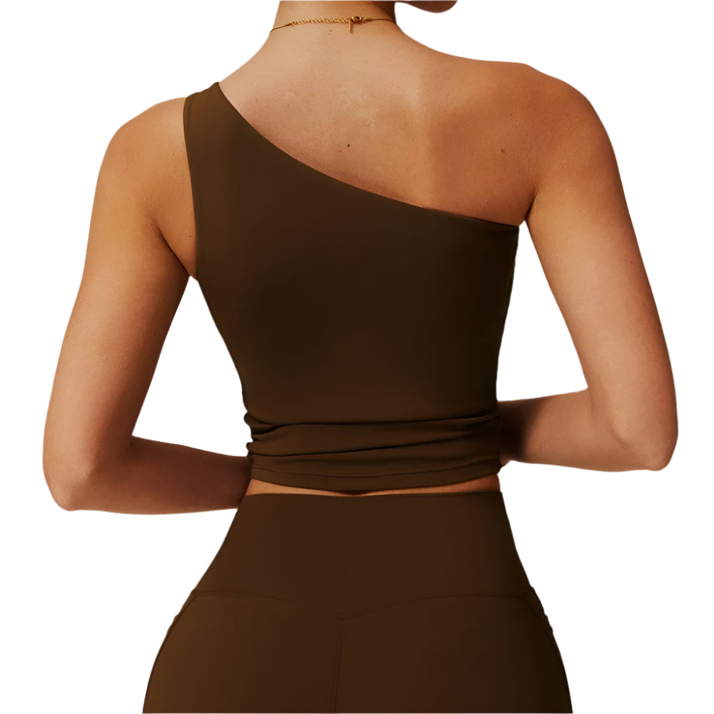 Xooie Fit One Shoulder Workout Top in Dark Brown, perfect for stylish gym wear
