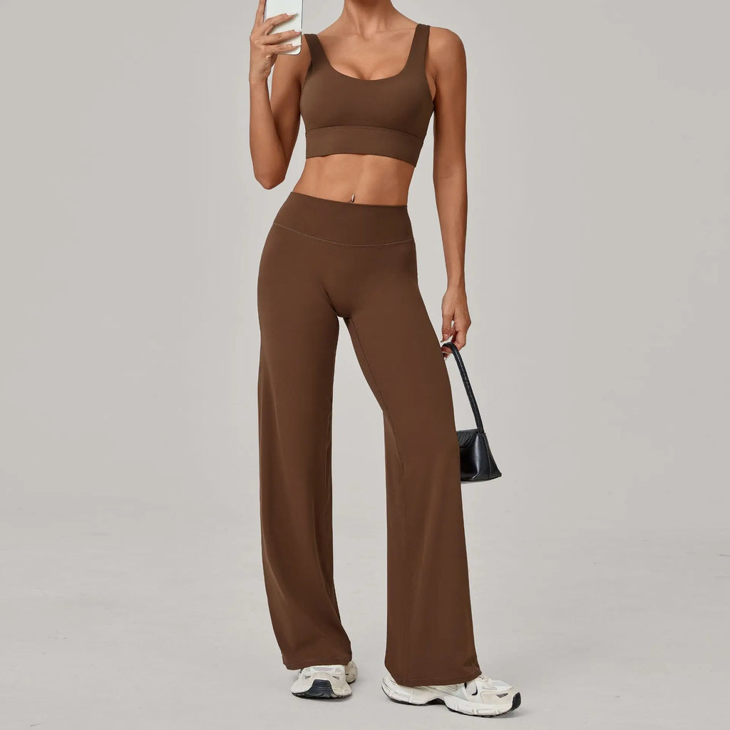 Xooie Fit open back crop top and flare pants set in brown for stylish casual wear
