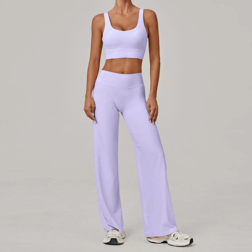 Xooie Fit open back crop top and flare pants set in lavender for a stylish and comfortable outfit