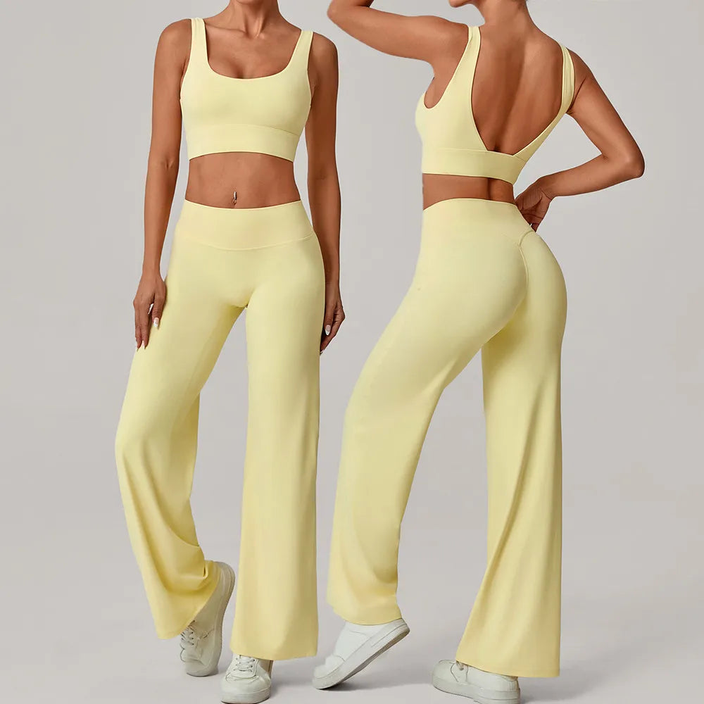 Xooie Fit open back crop top and flare pants set in soft yellow for a stylish summer look