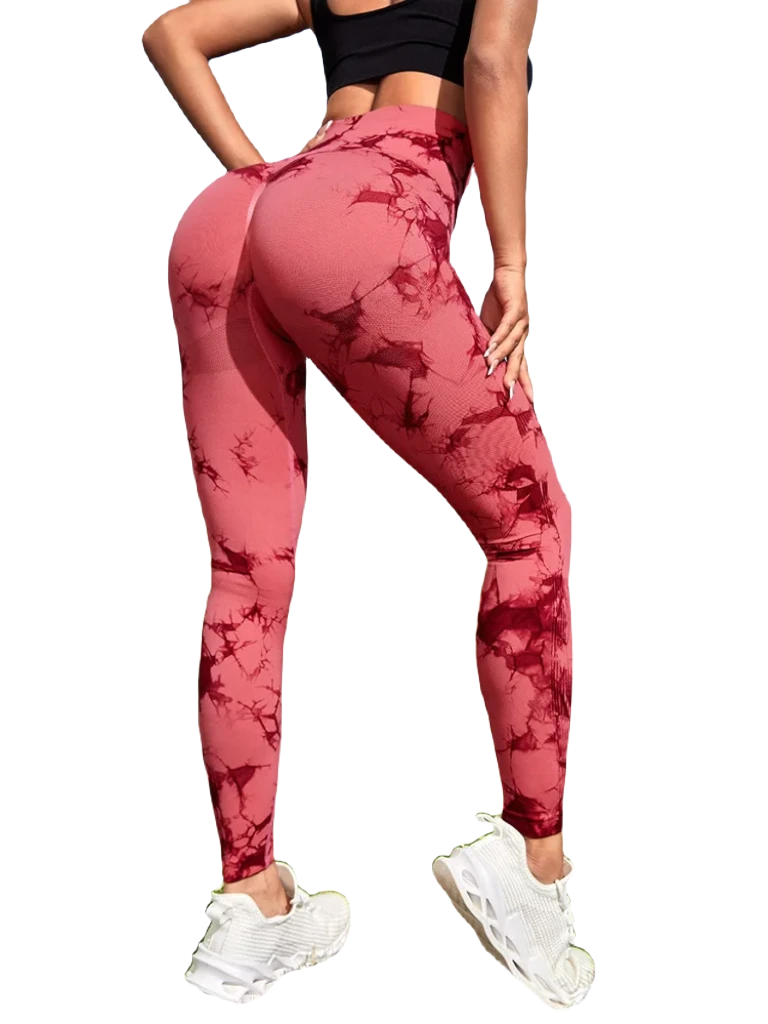 Model wearing pink active leggings with a marble pattern, perfect for workouts and casual wear