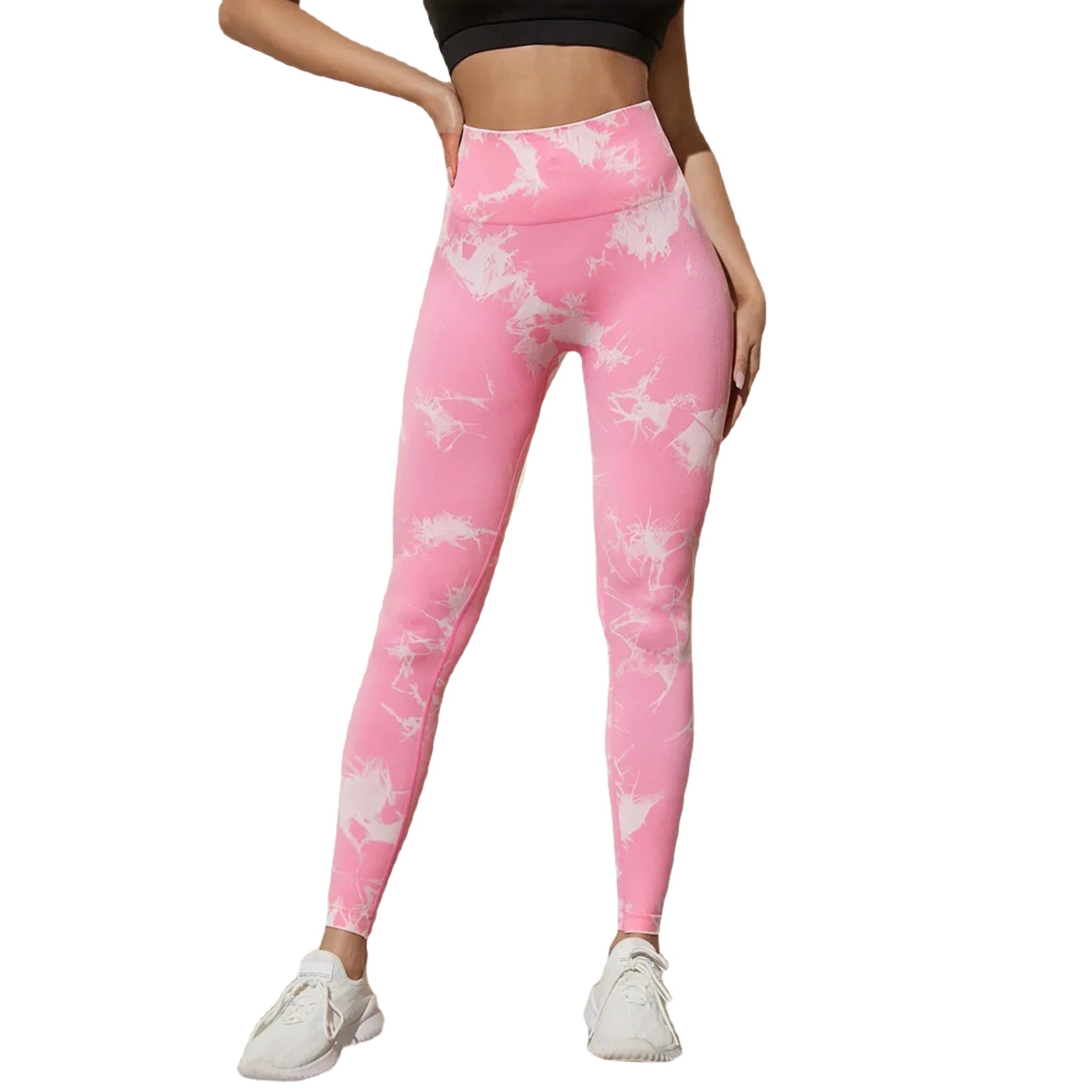 Xooie Fit pink active leggings with high waistband and stylish tie-dye pattern for workouts