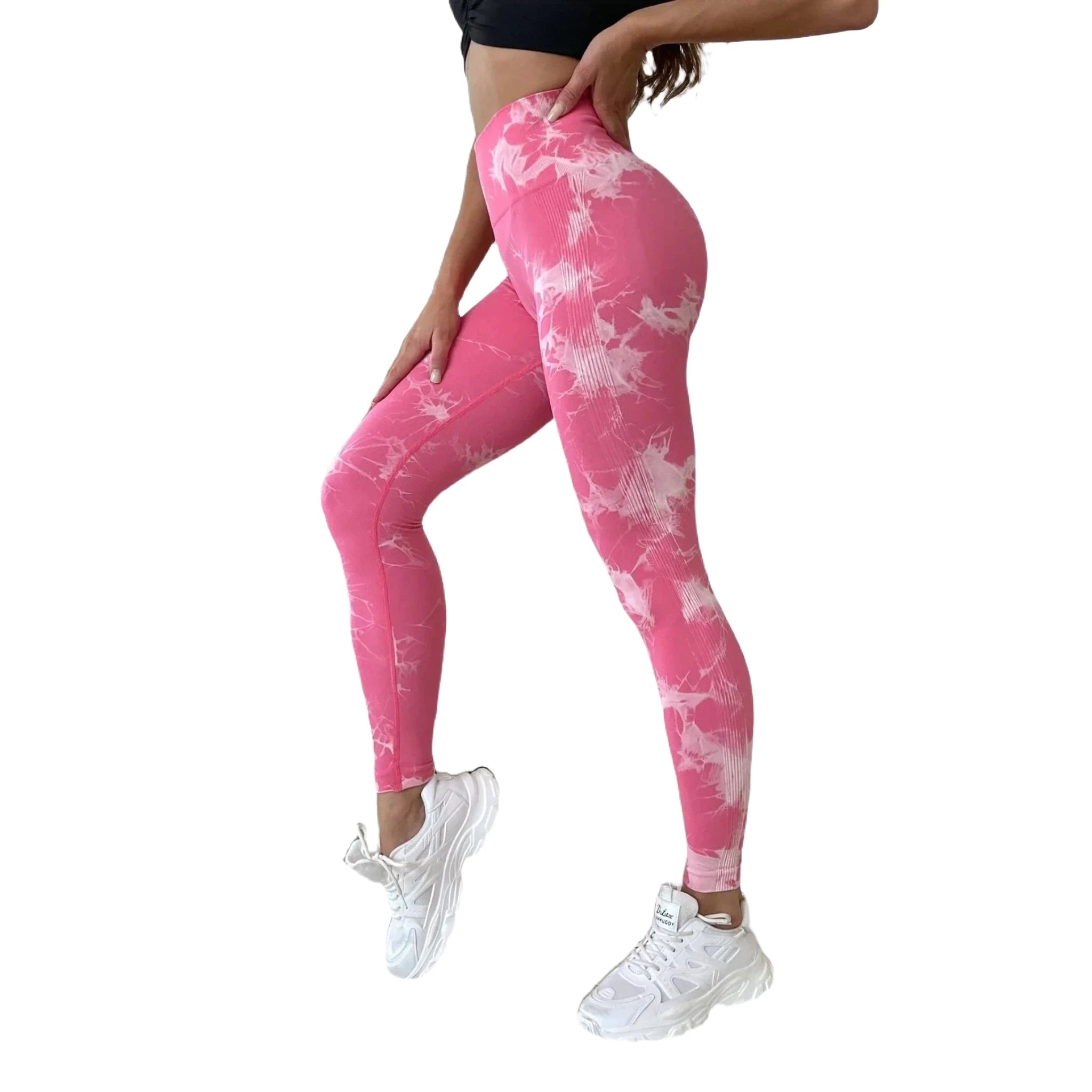 Xooie Fit pink active leggings in a tie-dye pattern, ideal for workouts and casual wear
