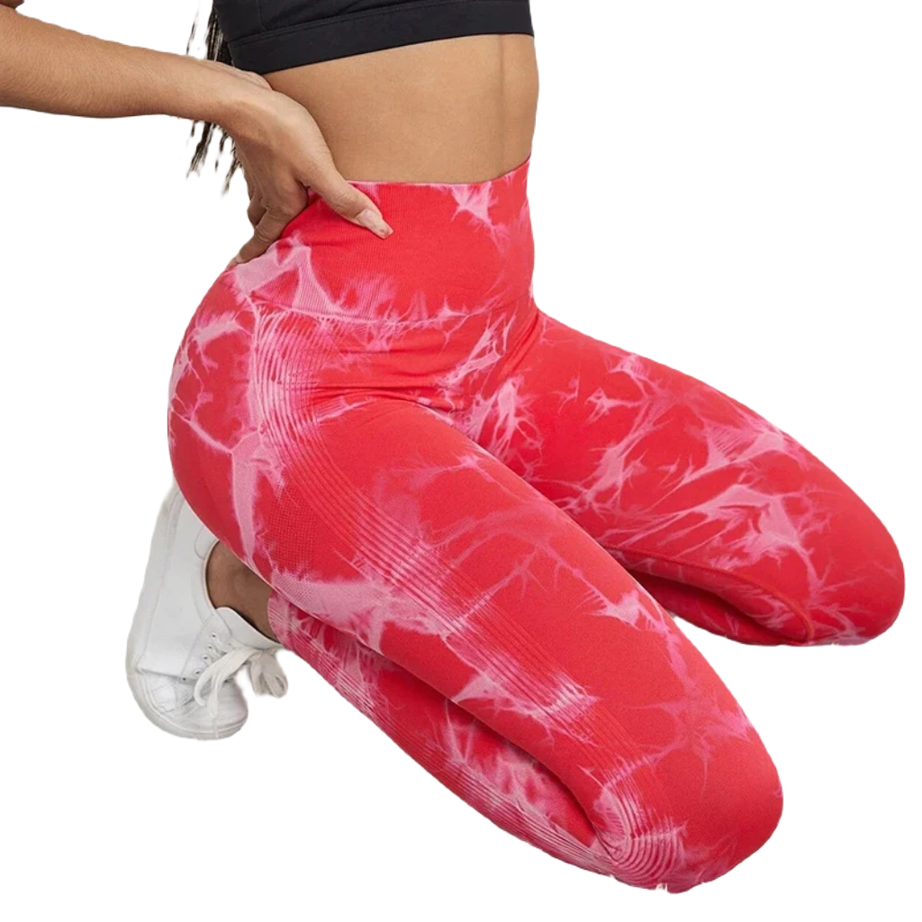 Xooie Fit pink active leggings with a stylish tie-dye design, perfect for workouts or casual wear