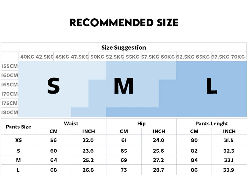 Size chart for Xooie Fit pink active leggings with recommended sizes for comfort and fit