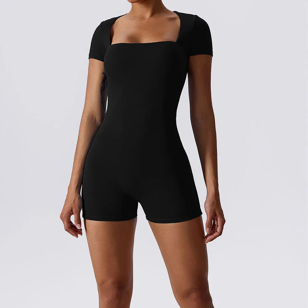 Women's one-piece yoga suit, advanced black short sleeves square neckline fitted shorts