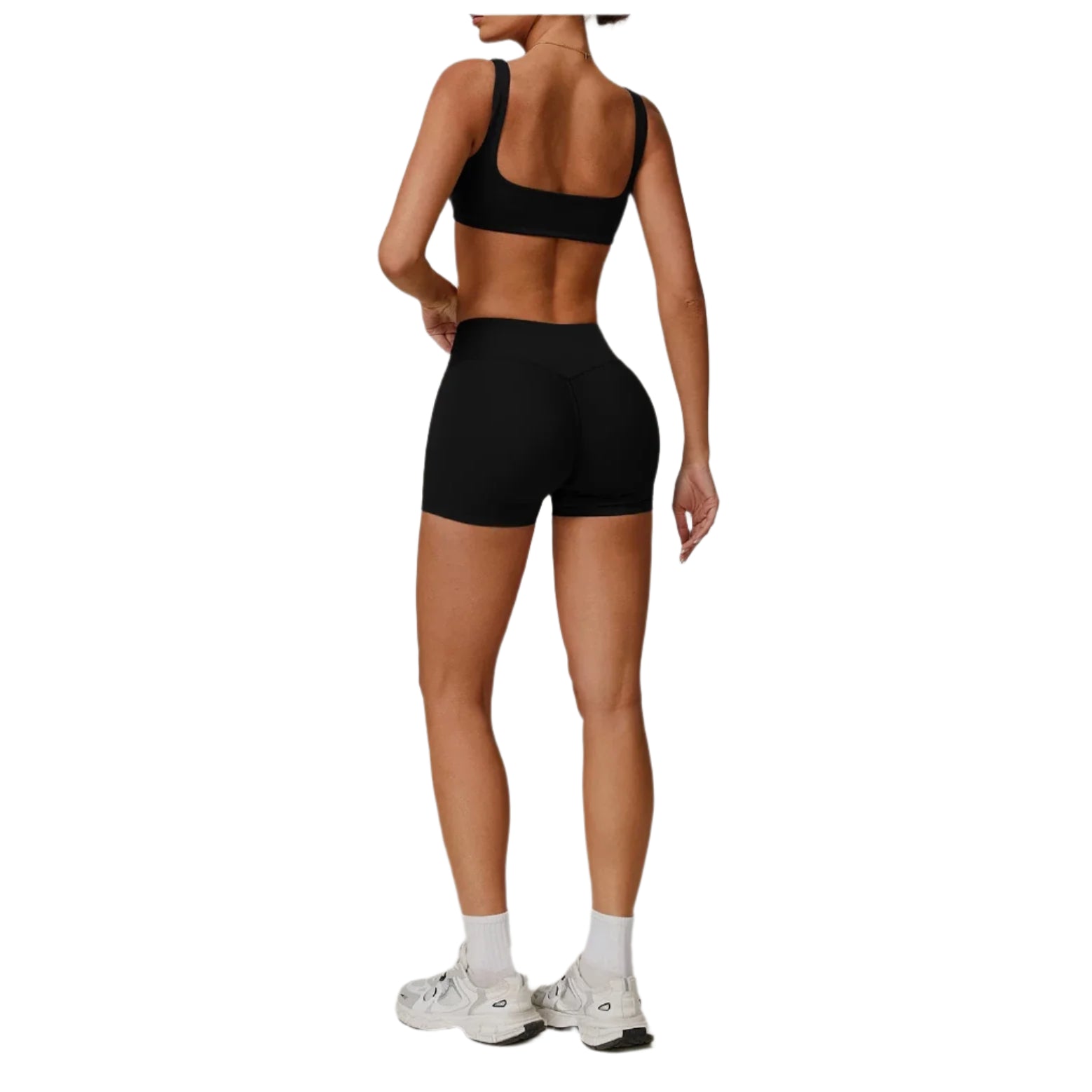 Xooie Fit black sports bra and shorts set designed for comfort and active wear