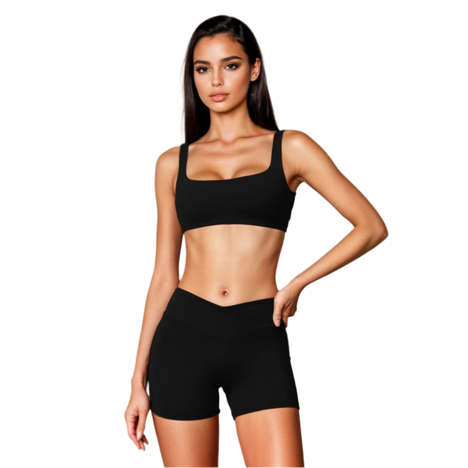 Xooie Fit black sports bra and shorts set designed for comfort and performance during workouts