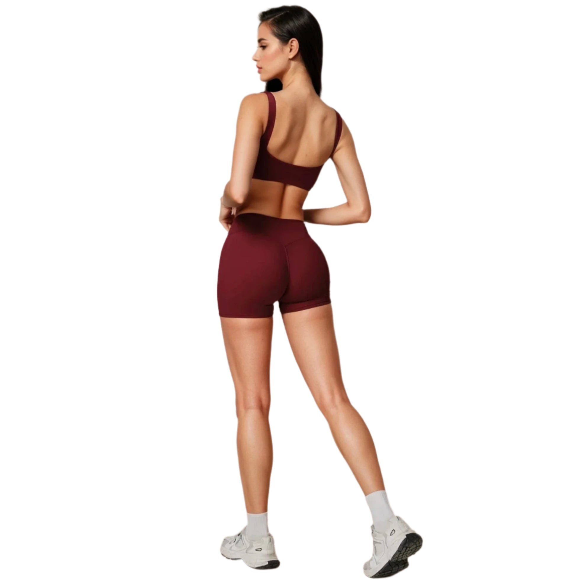 Back view of Xooie Fit sports bra and shorts set in burgundy for activewear comfort