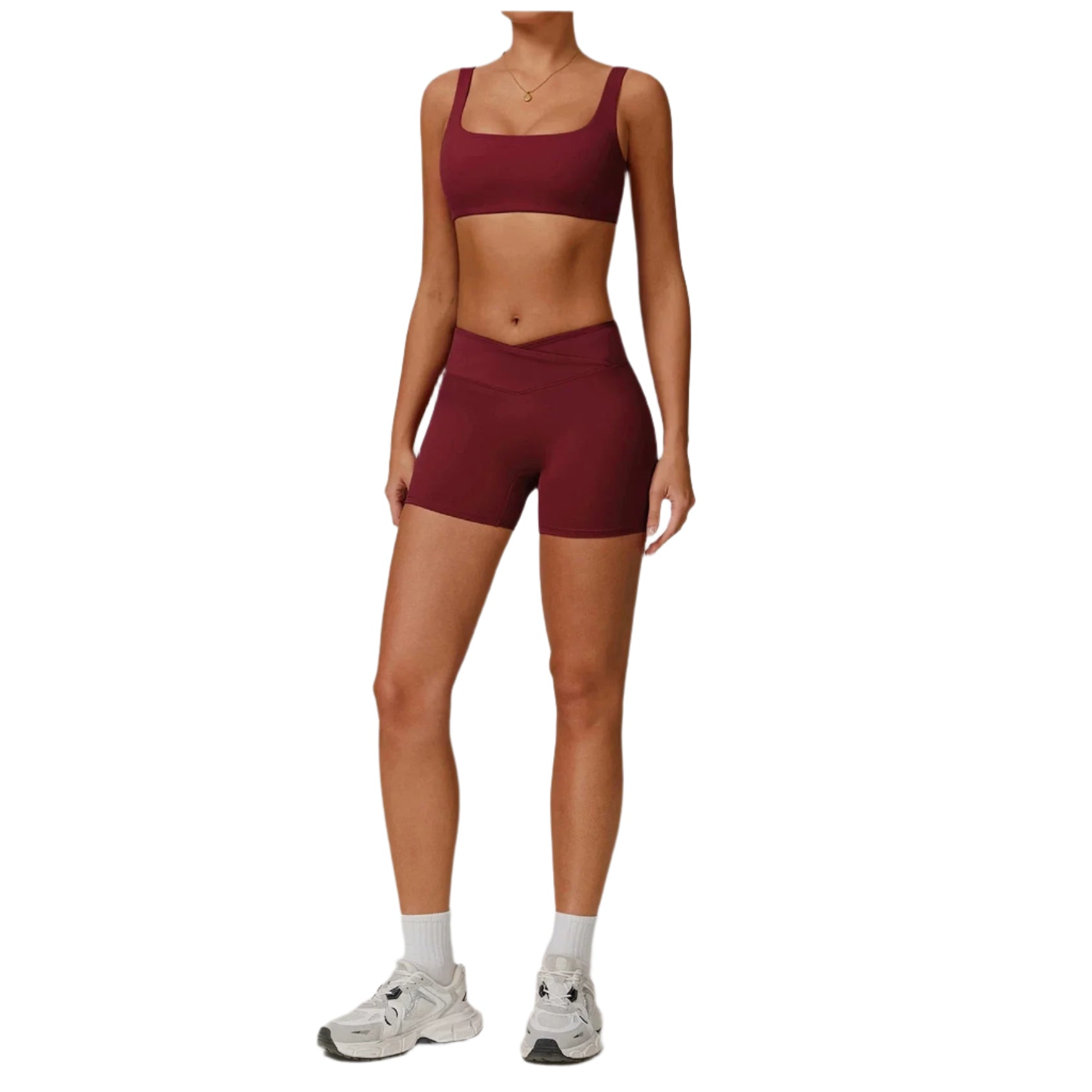 Xooie Fit burgundy sports bra and shorts set perfect for workouts and comfortable fitness activities