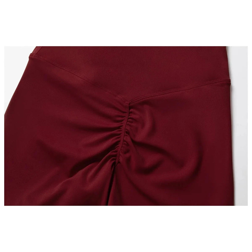 Xooie Fit Sports Bra and Shorts Set in burgundy with stylish ruched detailing