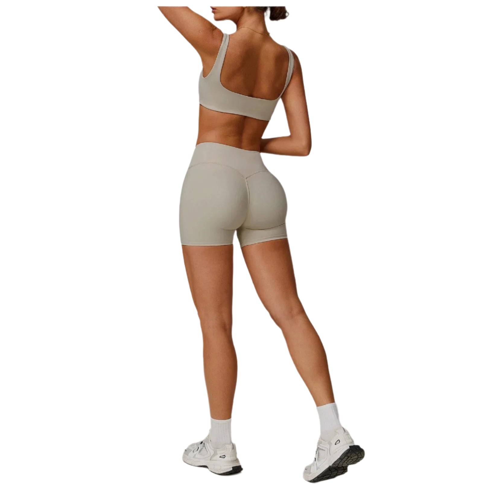 Xooie Fit sports bra and shorts set in beige for comfortable workouts and activewear style