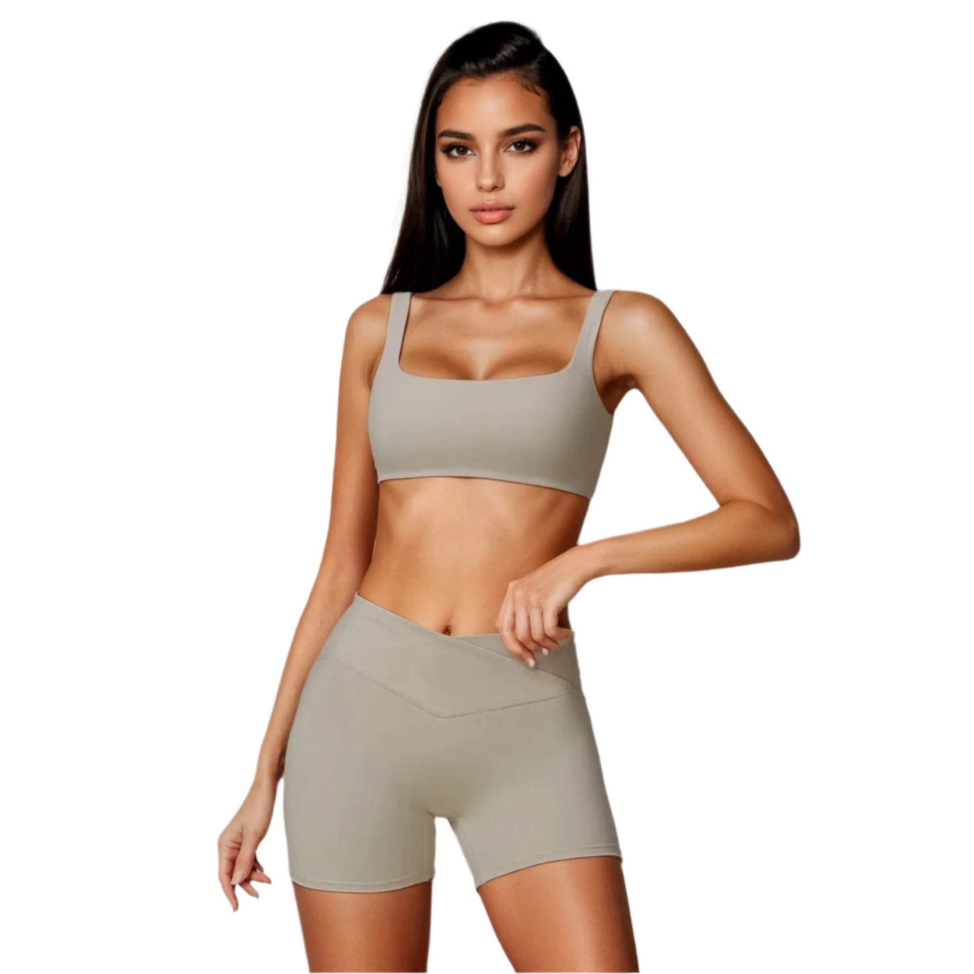 Xooie Fit Sports Bra and Shorts Set in Beige, featuring a comfortable and stylish design for workouts