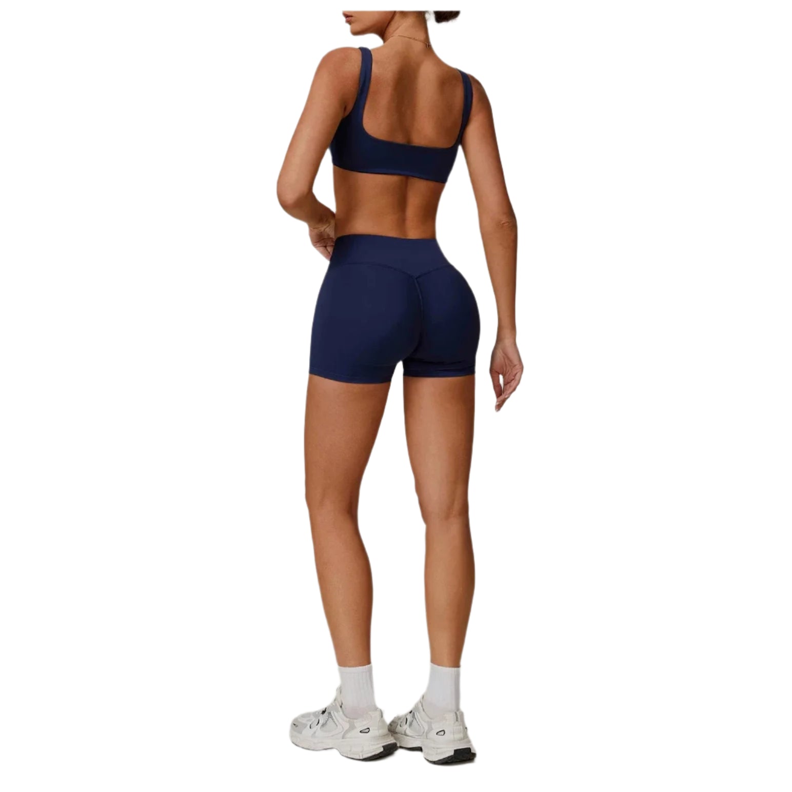 Xooie Fit navy sports bra and shorts set designed for comfort during workouts