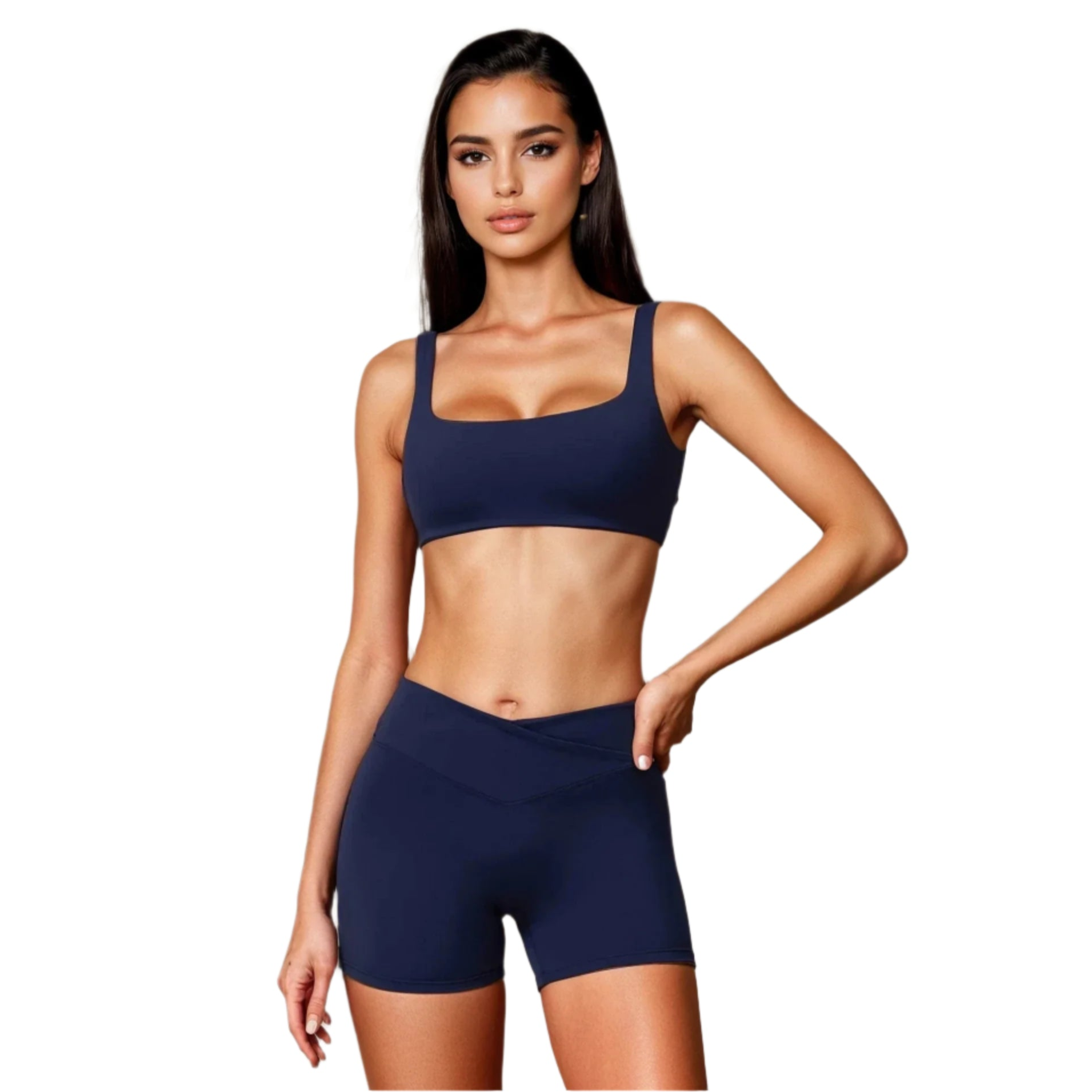 Navy Xooie Fit sports bra and shorts set designed for comfort and performance during workouts