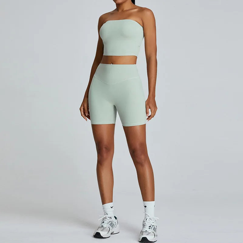 Xooie Fit Strapless Activewear Set in Light Green with a Crop Top and High-Waisted Shorts