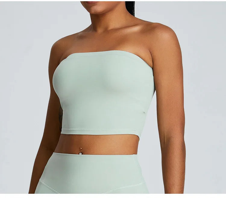 Xooie Fit Strapless Activewear Set in Light Green with a supportive strapless crop top