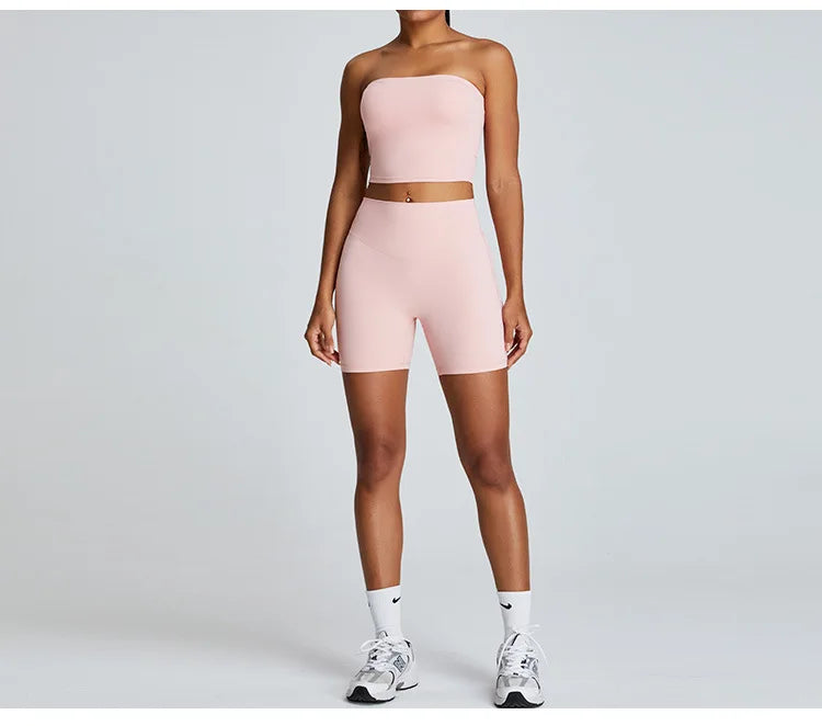 Xooie Fit Strapless Activewear Set in Soft Pink with Comfortable High-Waisted Shorts