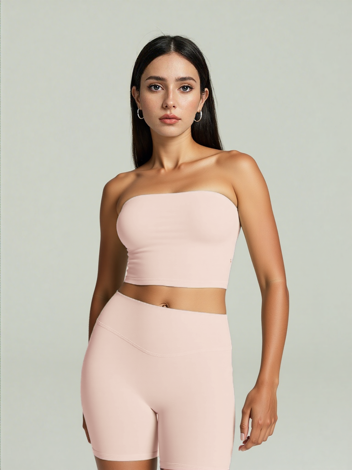 Xooie Fit Strapless Activewear Set in Soft Pink, featuring a bandeau top and matching shorts
