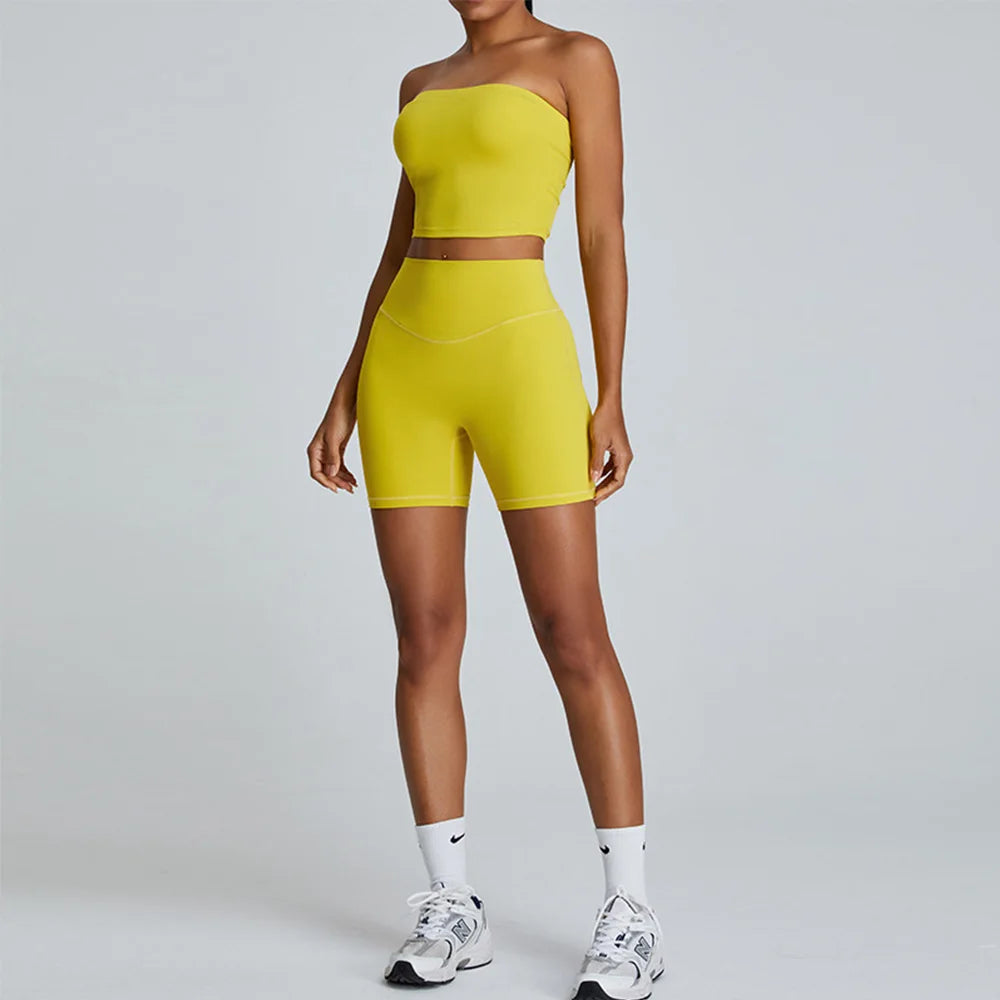 Xooie Fit Strapless activewear set in vibrant yellow, perfect for workouts and casual wear