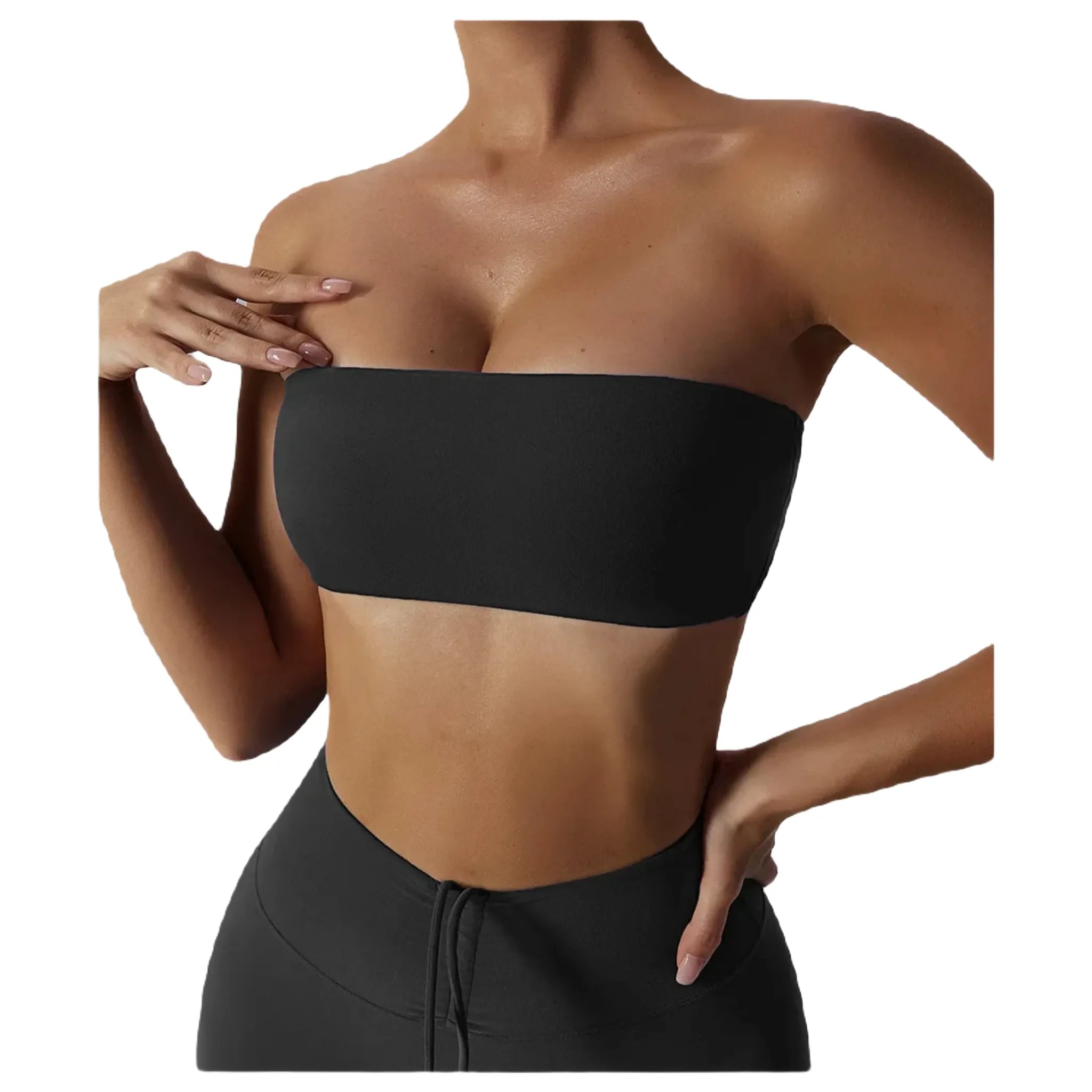 Xooie Fit strapless sports bra in black, seamless design for comfort and support during workouts