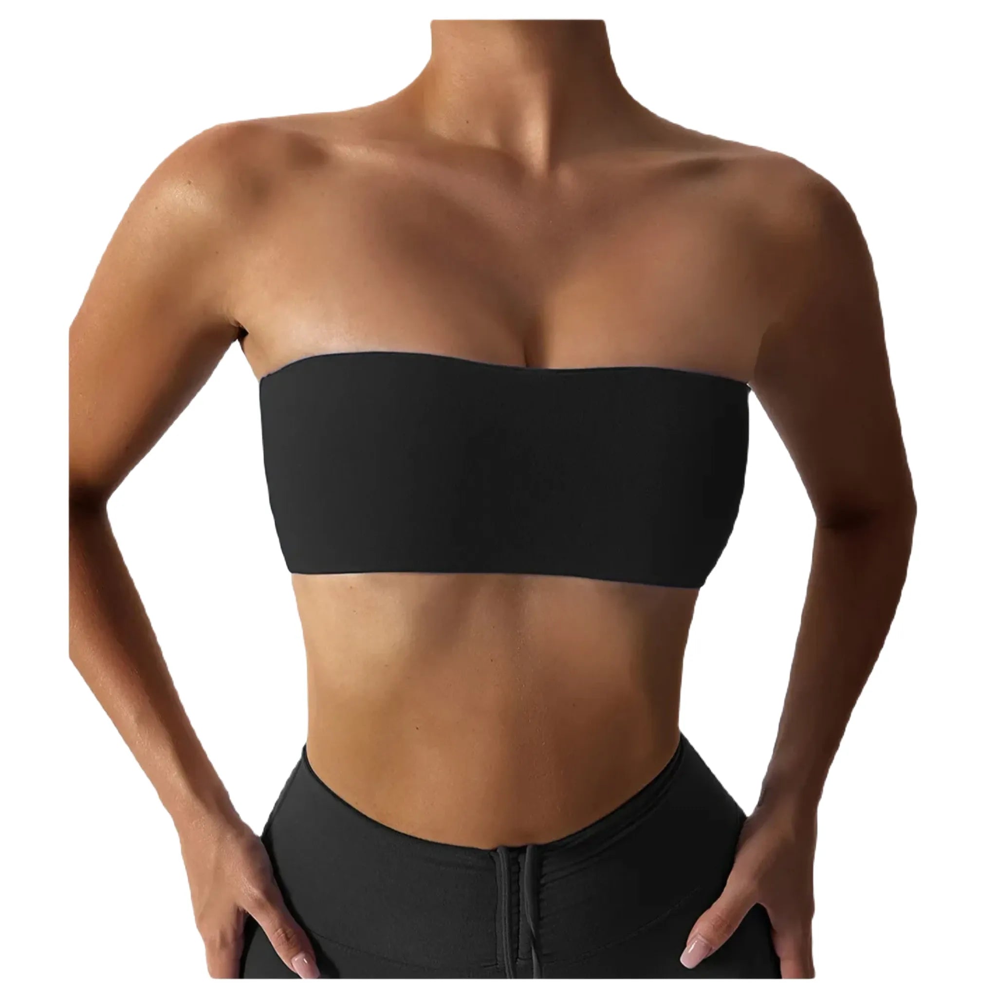 Xooie Fit strapless sports bra in black for comfort and support during workouts