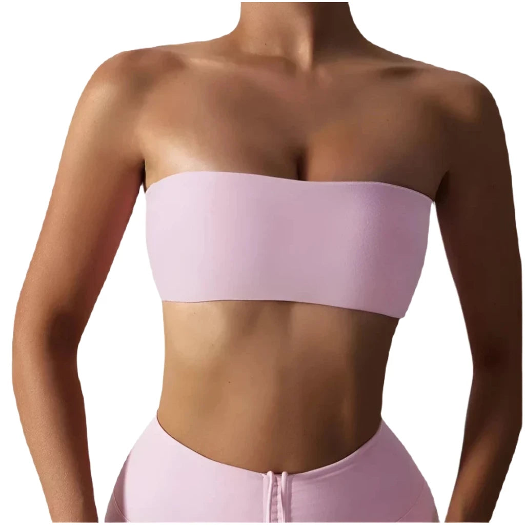 Xooie Fit strapless sports bra in pink, ideal for seamless support during workouts and casual wear.