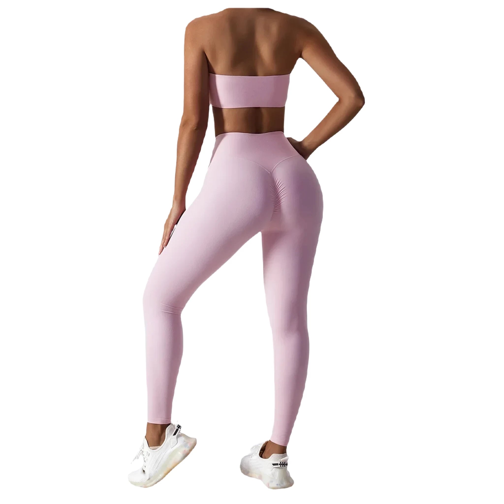 Xooie Fit Strapless Sports Bra in Pink with Matching High-Waisted Leggings for Activewear