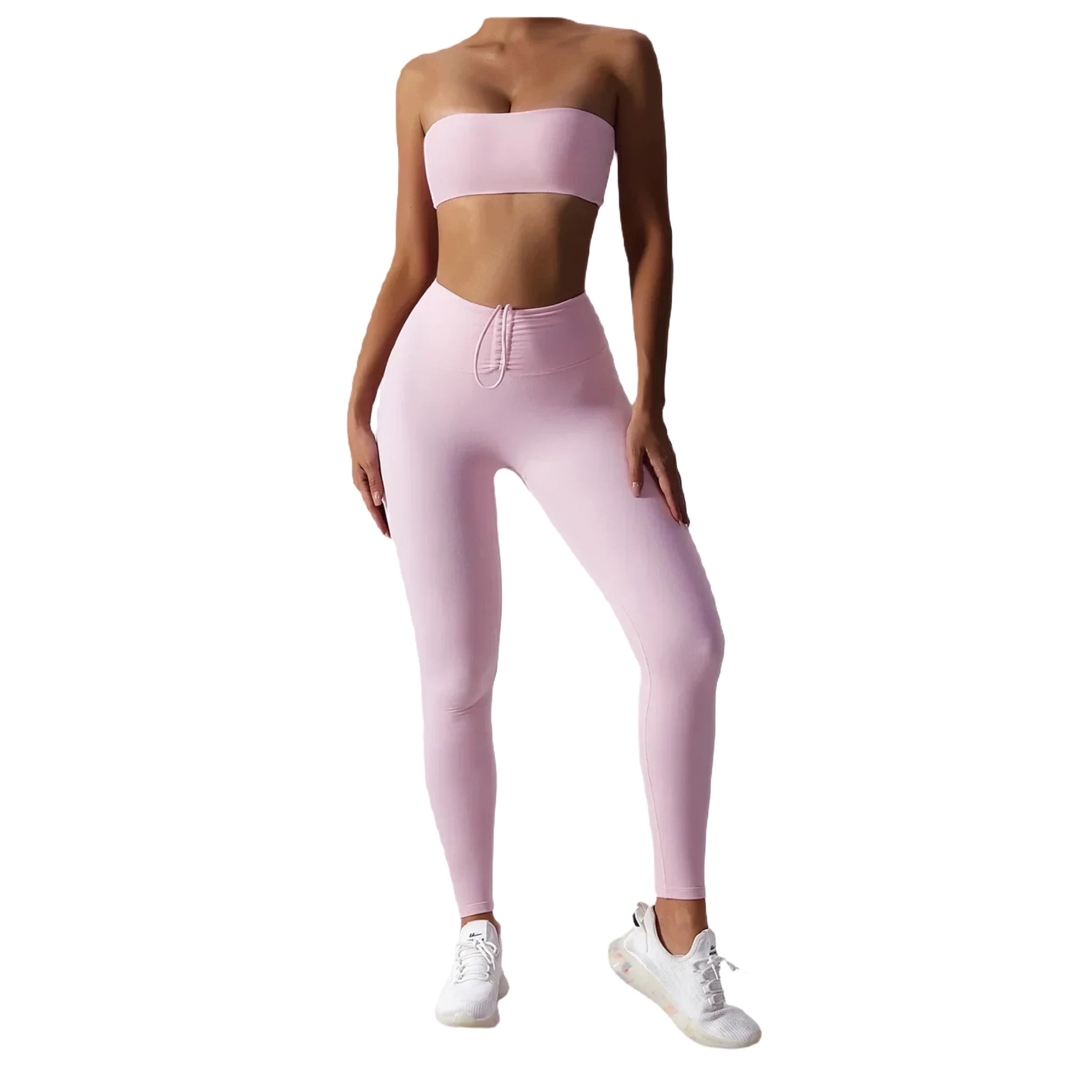 Xooie Fit strapless sports bra in soft pink paired with matching leggings for stylish workouts